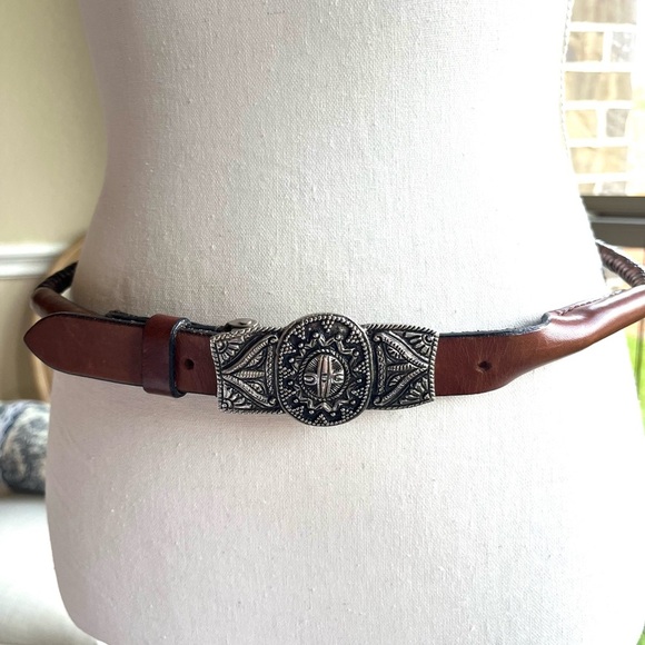 Vintage Chicos Belt Brown Genuine Leather Buckle Unique Southwest Braided Belt - Picture 3 of 14